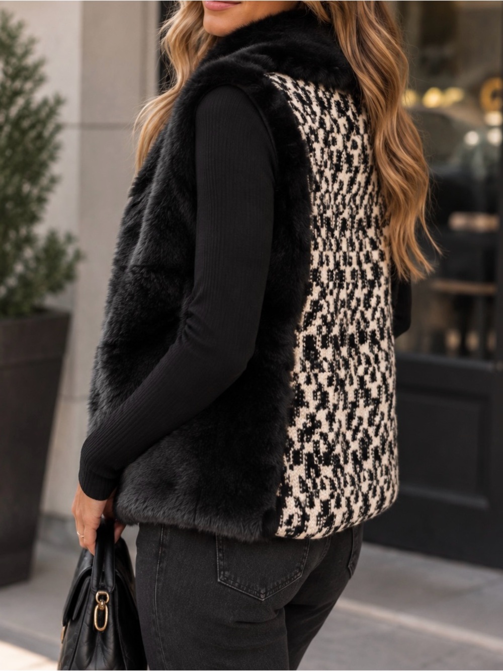 LOFT Black Faux Fur & Houndstooth Knit Open Front Vest (Small)